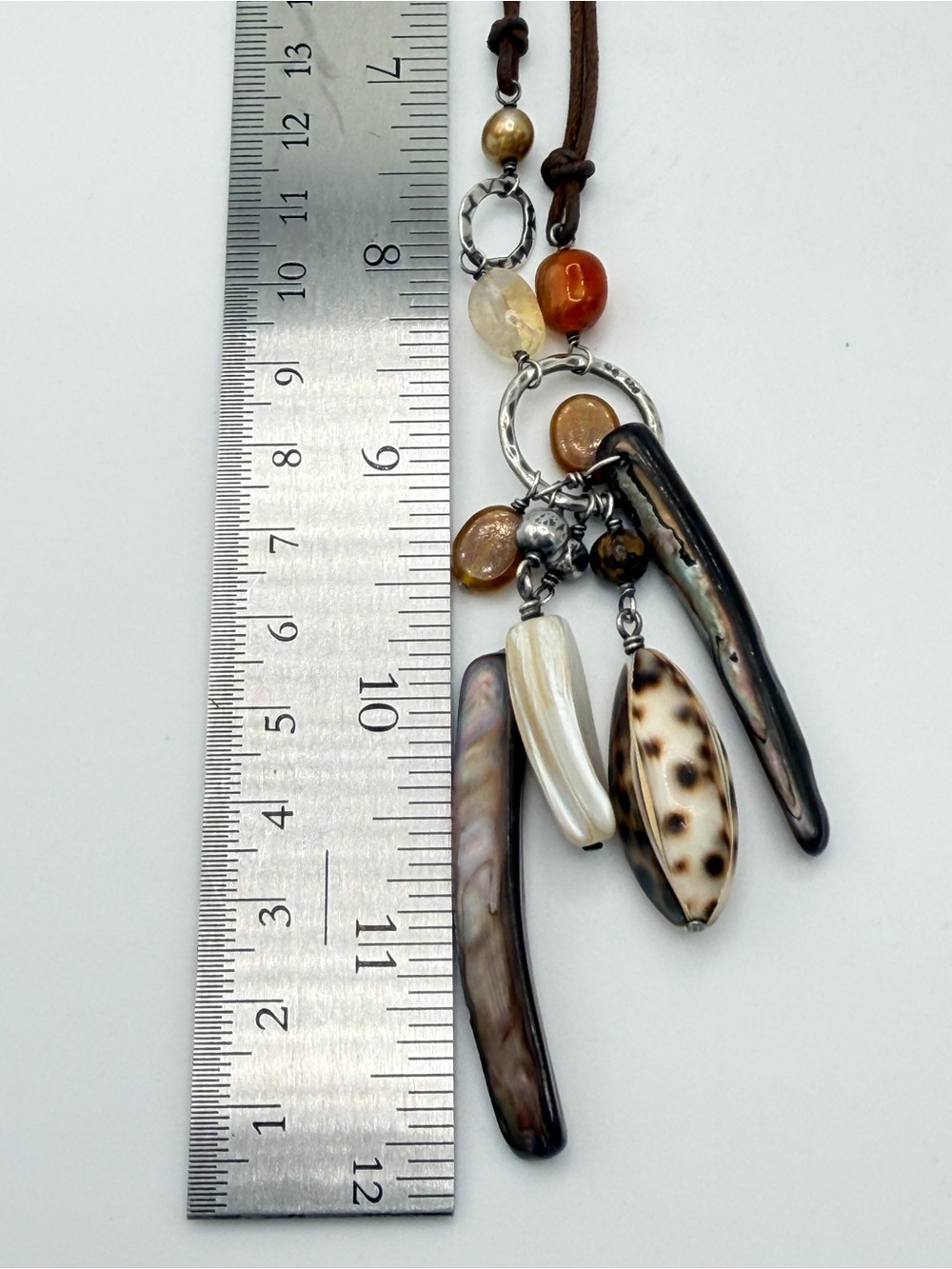 Silpada Vintage Sterling & Leather Citrine, Carnelian & Shell Necklace - Picture 14 of 16